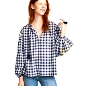 H&M Navy Blue & White Gingham Check Floral Embroidered Boho Blouse Size 2